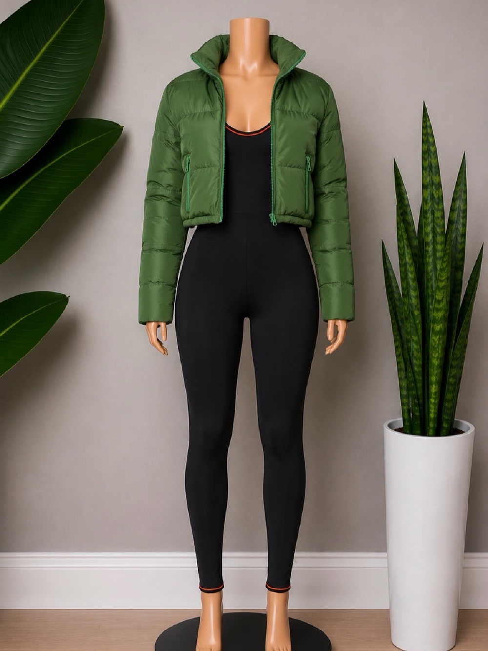 Women’s Olive Green Cropped Puffer Jacket